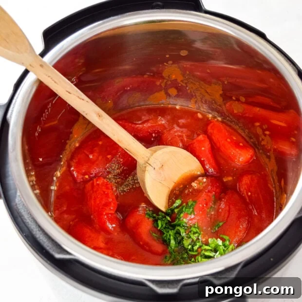 Adding sauce ingredients to Instant Pot.