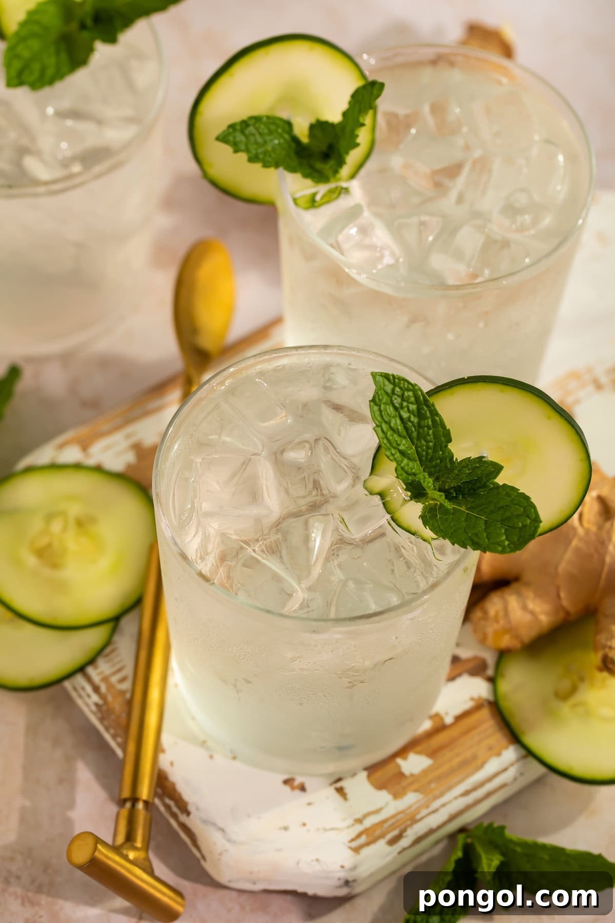 Two cucumber ginger mocktails garnished with fresh mint leaves and elegant cucumber discs on a rustic wooden tray, perfect for a sunny day.
