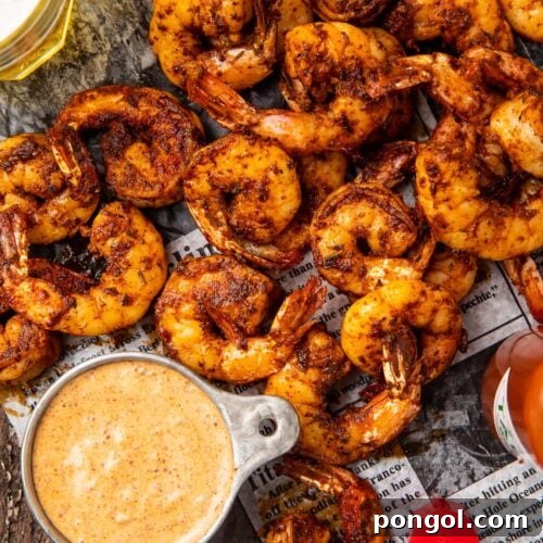 Easy Weeknight Blackened Shrimp 7 A pile of blackened shrimp on newspaper next to a dipping cup of remoulade sauce