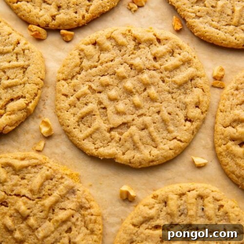 Overhead view of gluten free peanut butter cookies on parchment paper
