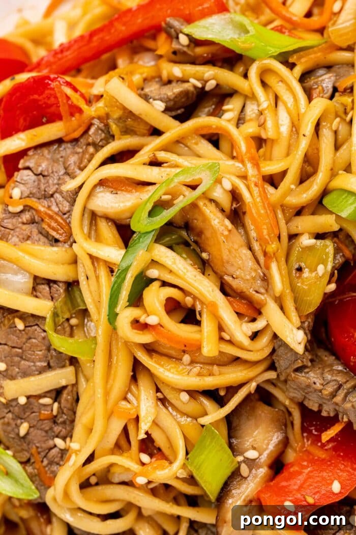 Wok-Tossed Beef Noodles 3 A close-up view of a serving of beef lo mein, highlighting the tender beef strips, colorful vegetables, and glistening noodles, all topped with green onions and sesame seeds.