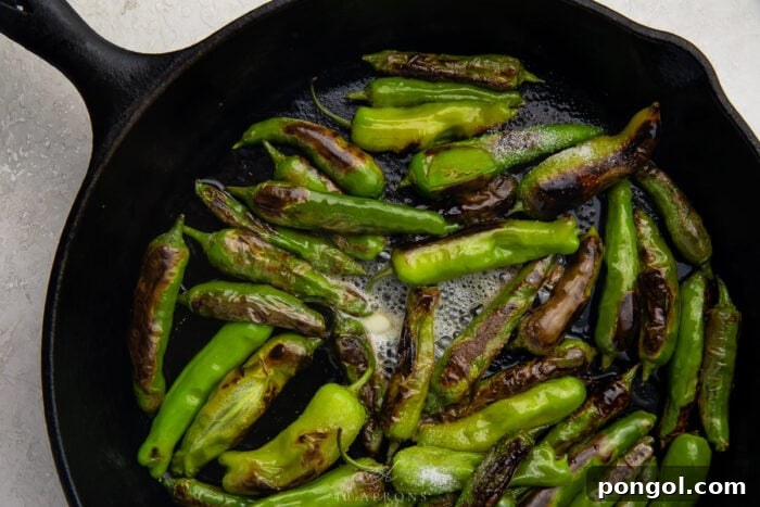 Charred Shishito Peppers with Zesty Lemon Garlic Dip 3 Shishito peppers in butter in a large cast iron skillet