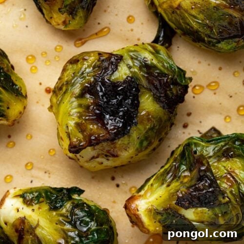 Close up image of grilled Brussels sprouts