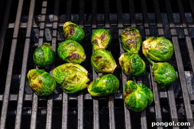 Grilled Brussels sprouts cooking on a grill.