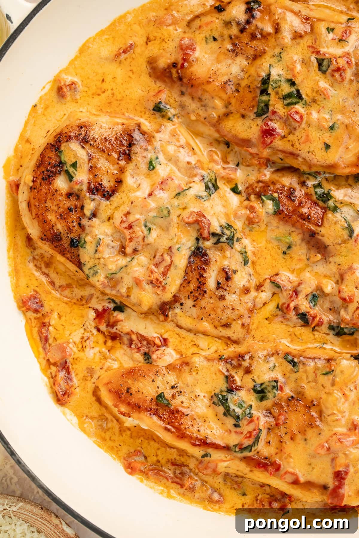 Marry me chicken with parmesan cream sauce and sun-dried tomatoes in cast iron pot