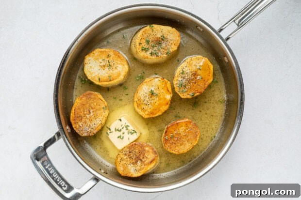 Golden Glazed Fondant Potatoes 8 Fondant potatoes after flipping, showing golden crust