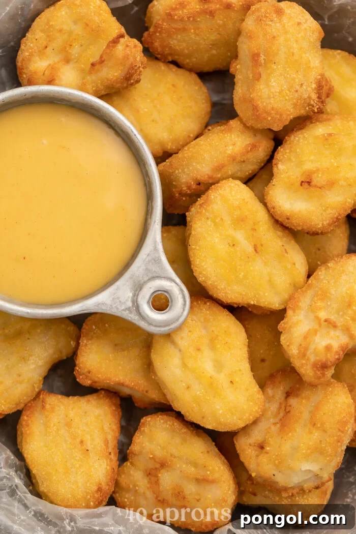 Close-up of air fryer frozen chicken nuggets in a large bowl, next to a small dipping bowl filled with honey mustard sauce.