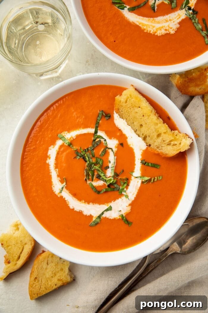 Overhead photo of tomato bisque with a swirl of heavy cream
