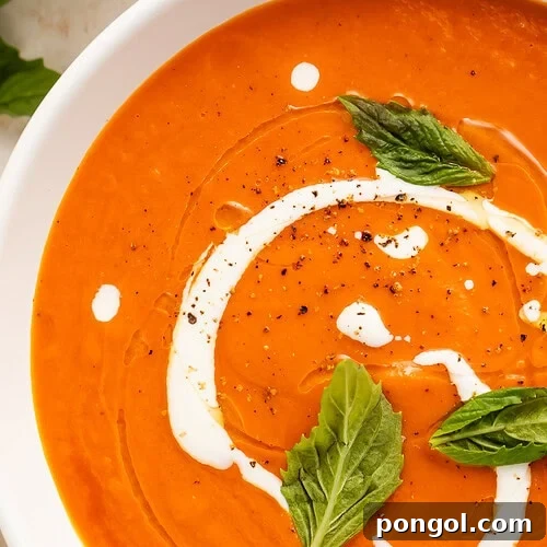 Close-up overhead view of tomato bisque in a white bowl with a cream swirl and fresh basil leaves