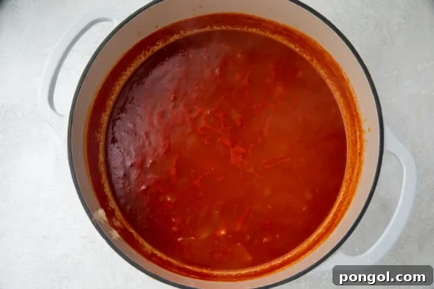 Tomato bisque in large pot