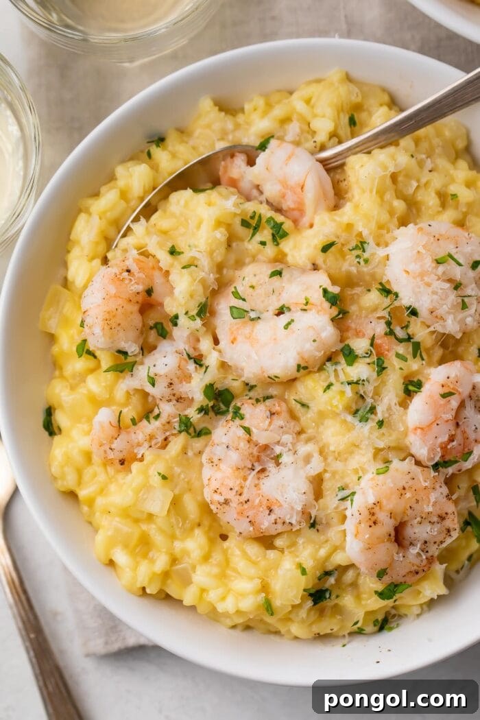 Creamy Parmesan Shrimp Risotto 2 A beautifully presented bowl of creamy shrimp risotto, garnished with fresh herbs and a fork resting beside it, ready to be enjoyed.
