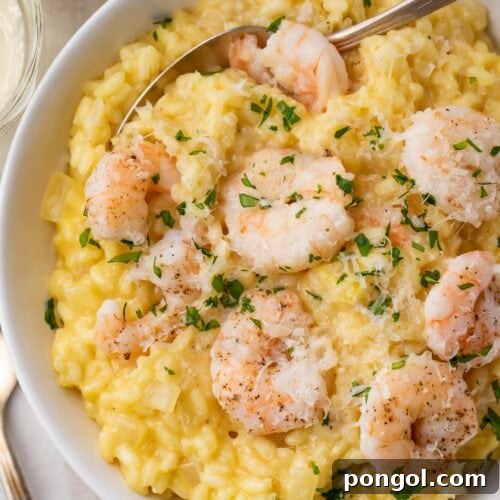 Shrimp risotto in a large white bowl with a fork, captured from an appealing angle.