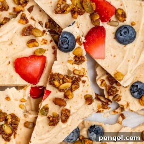 close up image of peanut butter frozen yogurt bark