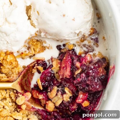 A warm blackberry crumble in a baking dish with a spoon and vanilla ice cream
