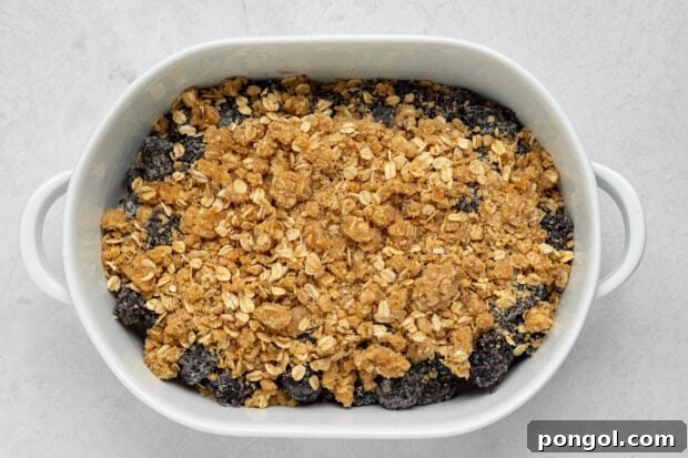 Crumb topping being spread over the blackberry filling