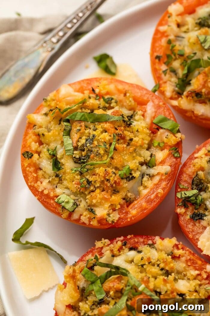 Close up photo of a stuffed tomato on a plate, showcasing the cheesy, herb-infused filling