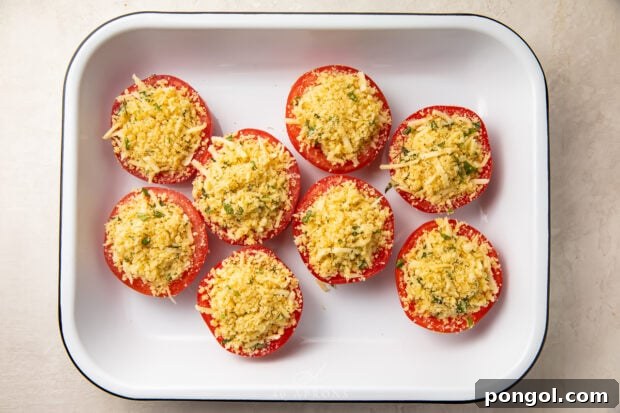 Stuffed tomatoes arranged neatly in a baking dish, ready for the oven