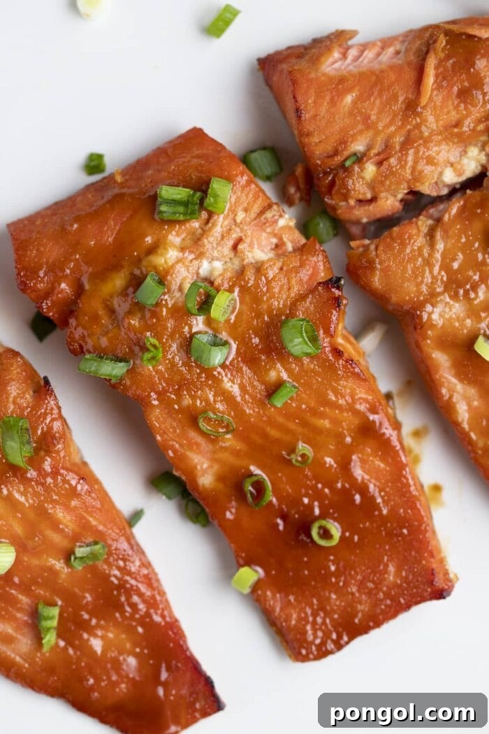 Perfect Miso Glazed Salmon 2 Three perfectly broiled miso salmon fillets arranged elegantly on a pristine white plate, garnished with fresh green scallions.