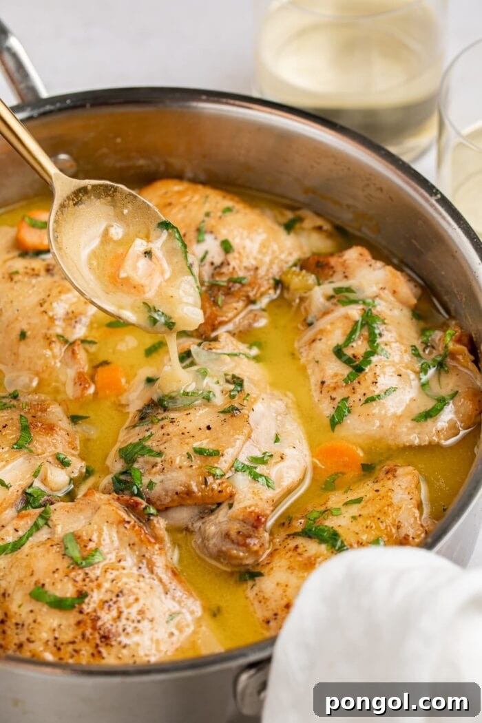 A skillet filled with golden-brown chicken fricassee, garnished with fresh parsley, ready to be served with a spoon.
