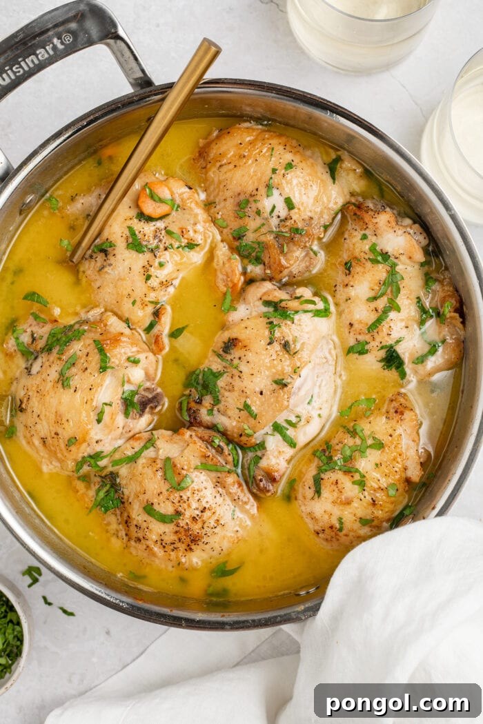 An overhead shot of chicken fricassee in a rustic skillet, surrounded by glasses of white wine and a scattering of fresh parsley, evoking a cozy and elegant meal setting.