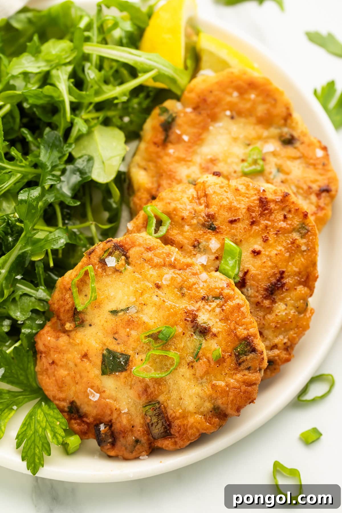 Delicious Golden Chicken Patties with Side Salad Three golden-brown, pan-fried chicken patties arranged on a white plate with a fresh leafy green side salad, ready to be served.