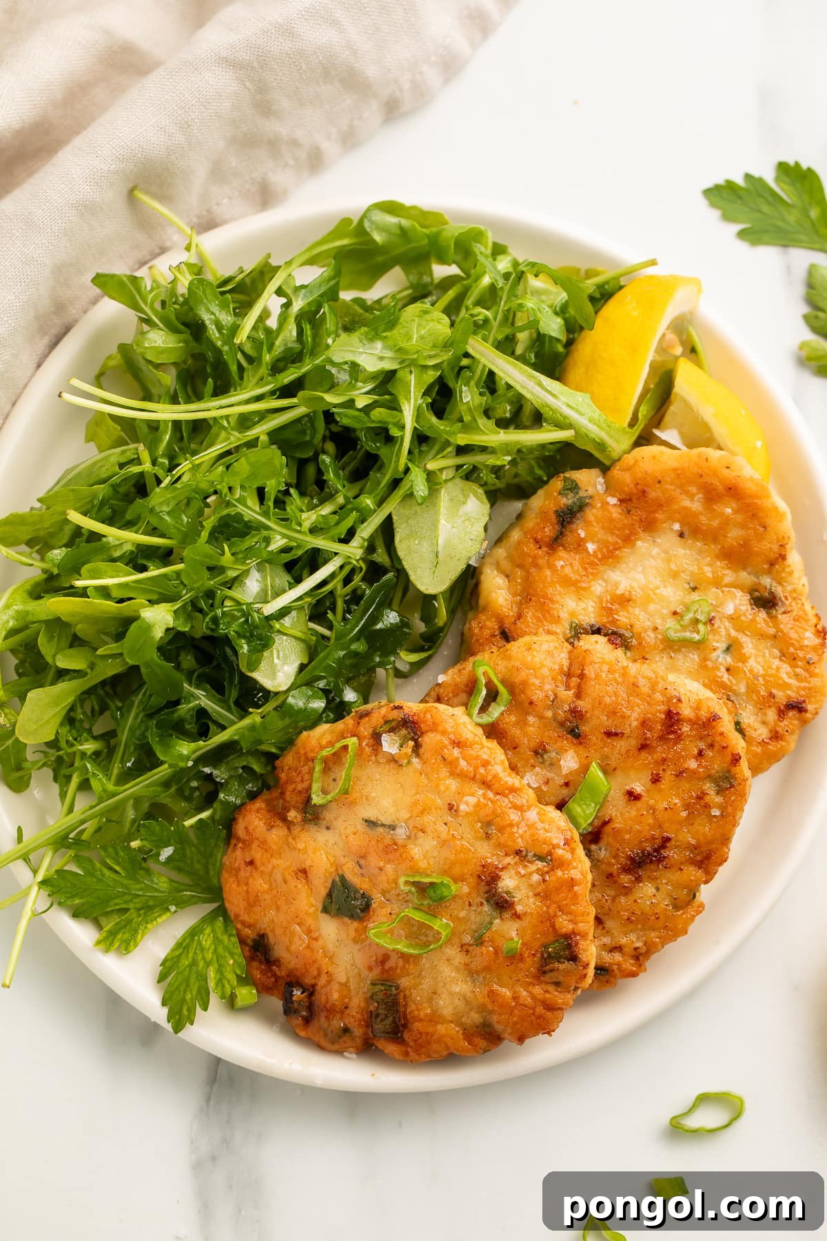 Versatile Chicken Patties Served with Fresh Greens An overhead, zoomed-out view of three perfectly pan-fried, golden chicken patties presented on a white plate, accompanied by a fresh side salad.