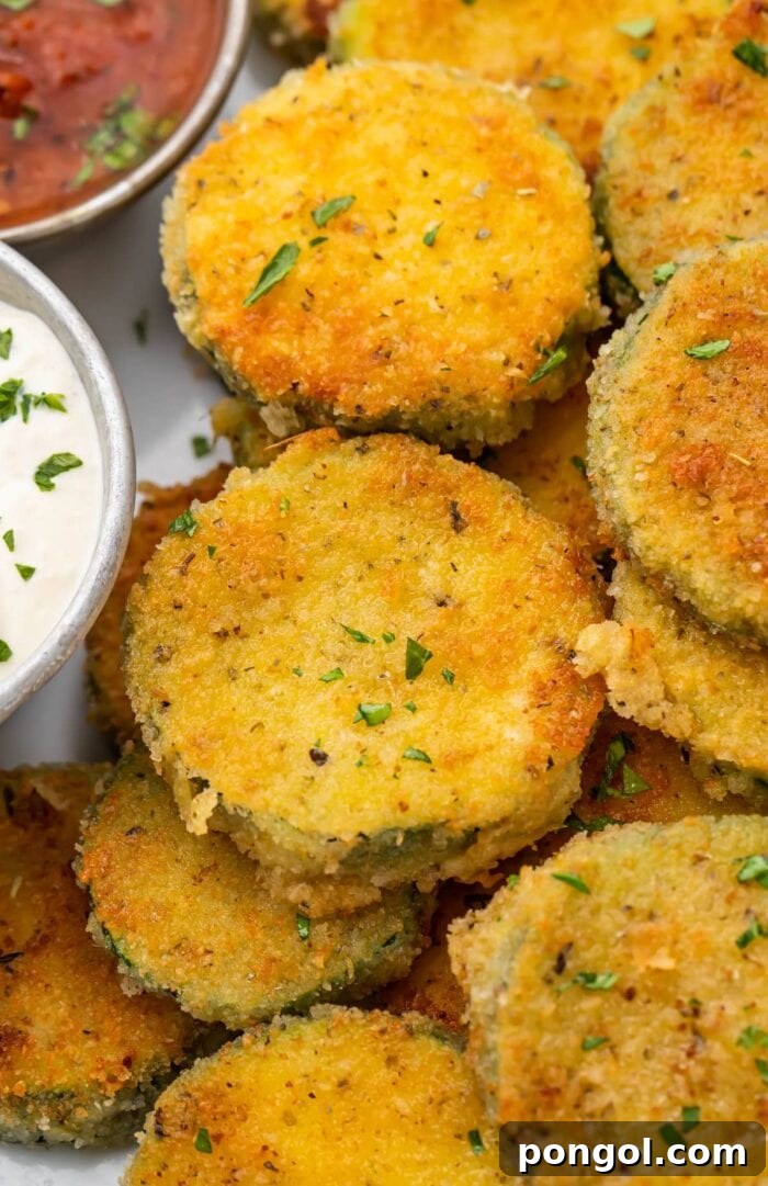 Crispy Zucchini Fries with Zesty Dips 2 Crispy fried zucchini next to a creamy parmesan dipping sauce