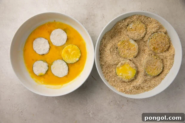 Crispy Zucchini Fries with Zesty Dips 7 Dip zucchini chips into egg mixture then breadcrumbs to coat