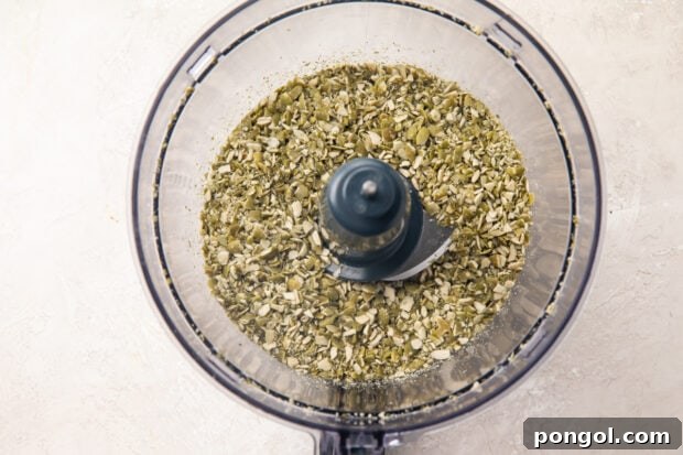 Pumpkin seeds and flaxseeds in food processor