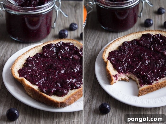 Serving homemade blueberry chia jam on toast, illustrating healthy breakfast and snack ideas.