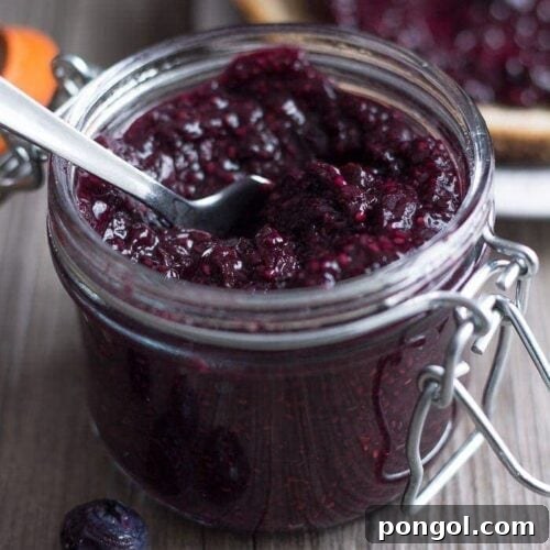 Delicious blueberry chia jam, a healthy homemade recipe.
