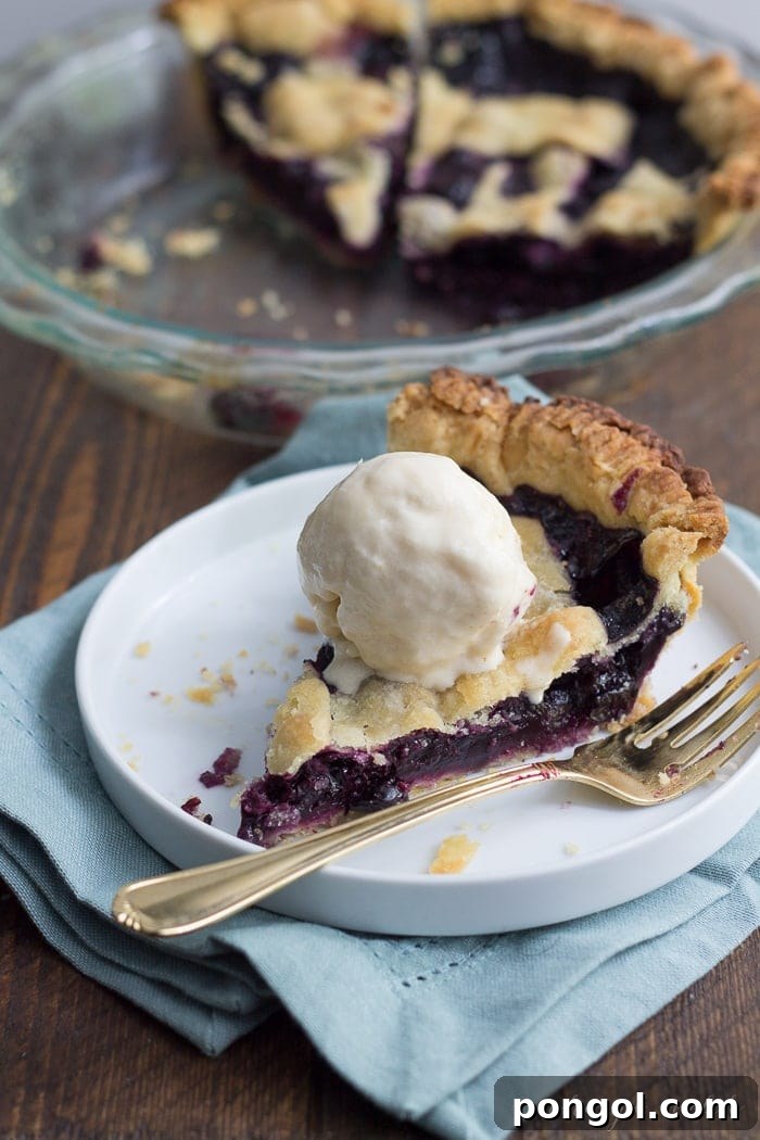 Close-up of a homemade vegan blueberry pie, showcasing the vibrant filling and golden crust.