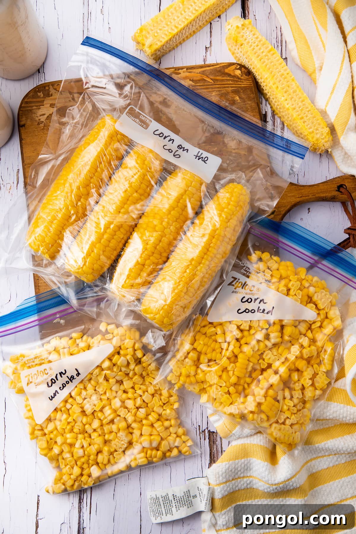 Three zippered bags of corn, ready to freeze for later, showcasing different freezing methods.