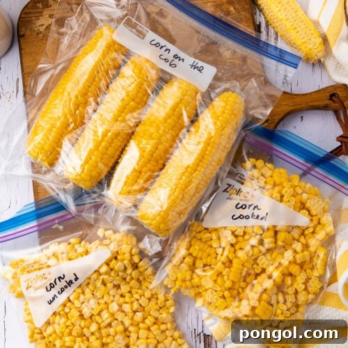 Three zippered bags of corn, ready to freeze for later, with a rustic background.