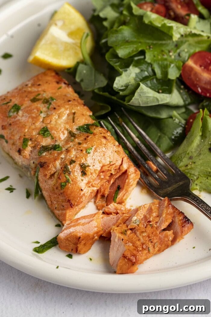 Perfectly broiled salmon fillet on a plate, garnished with fresh herbs and a lemon wedge, served alongside a crisp green salad.