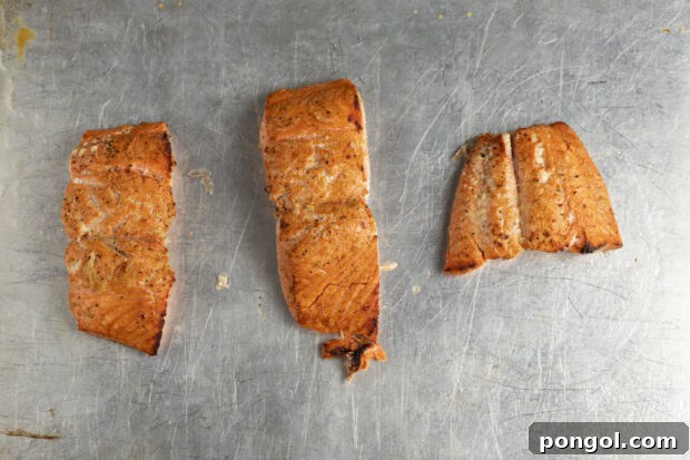 Broiled salmon fillets on a baking sheet, fresh out of the oven, showing a golden crust.