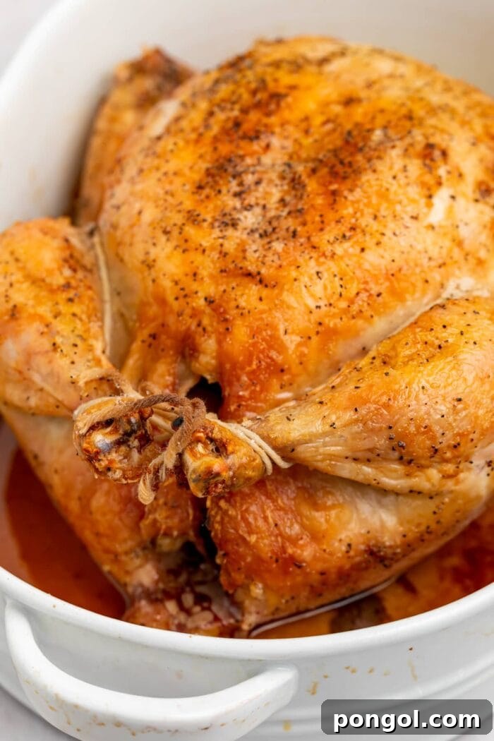 showing how to truss a chicken with a roasted chicken in a baking dish