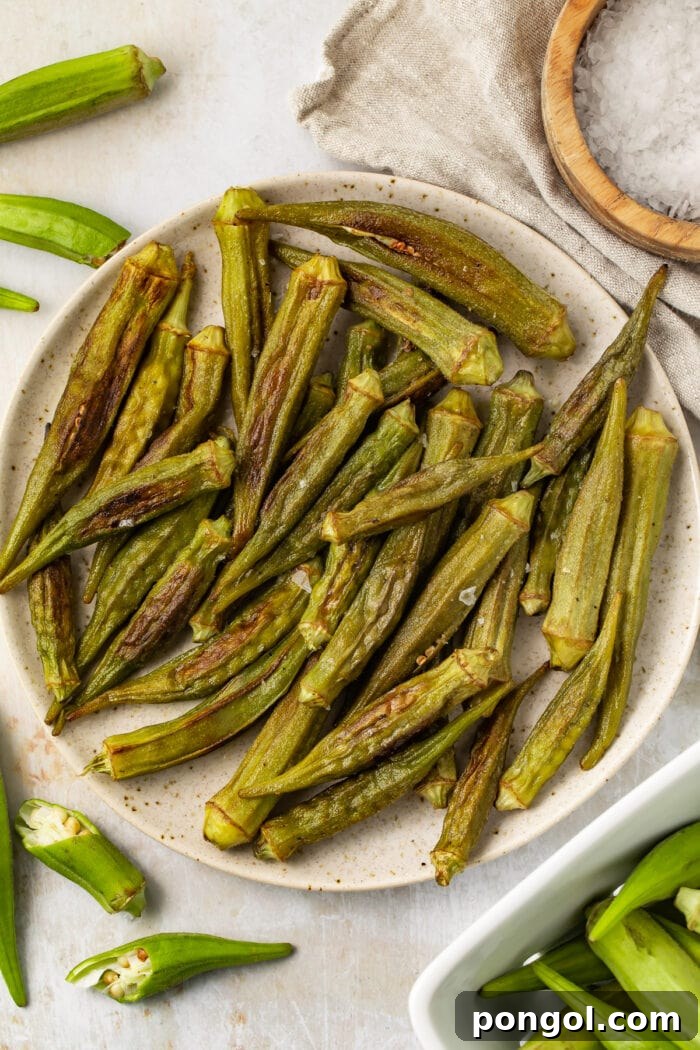 Roasted okra in a large bowl