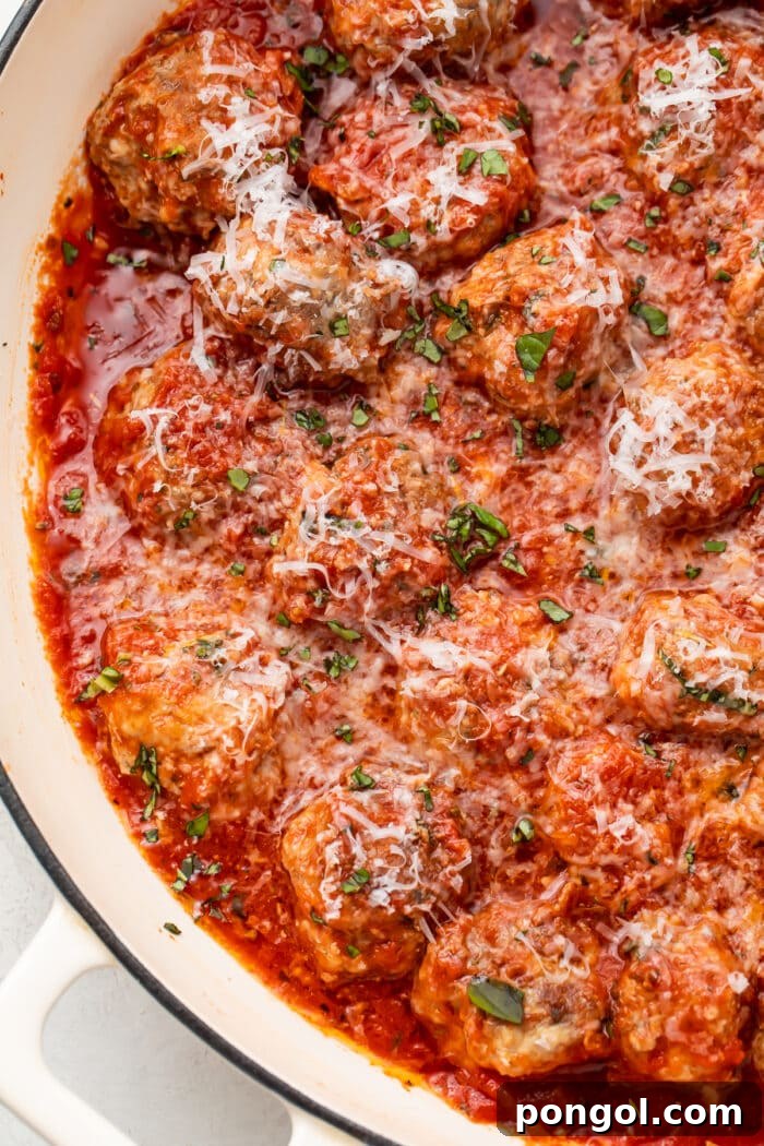 Keto meatballs in tomato sauce in a large dish