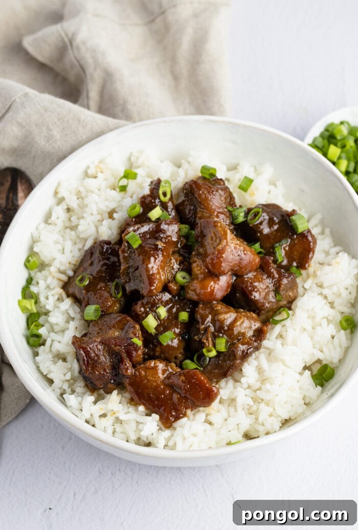 Overhead angled view of pork adobo on top of white rice in a bowl, with a napkin and a small bowl of chopped green onions in the background