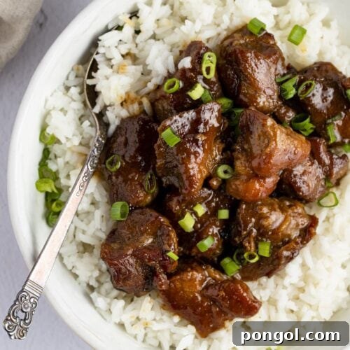 Pork adobo on top of white rice in a serving bowl