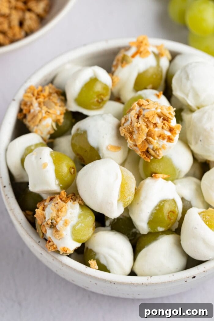 A bowl of frozen yogurt-covered grapes with a sprinkle of granola, showcasing a refreshing and healthy snack option.
