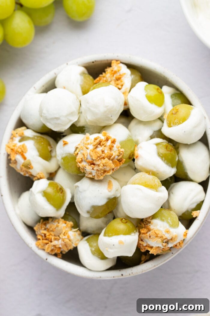 An overhead shot of frozen yogurt-covered grapes, adorned with granola, in a stylish bowl, ready to be enjoyed.
