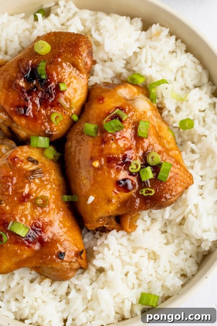 Island-Style Shoyu Chicken 2 Overhead angle of shoyu chicken thighs on a bed of white rice, garnished with green onions