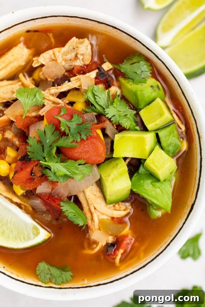 overhead image of mexican soup in a bowl with avocado, cilantro, and a lime wedge on top