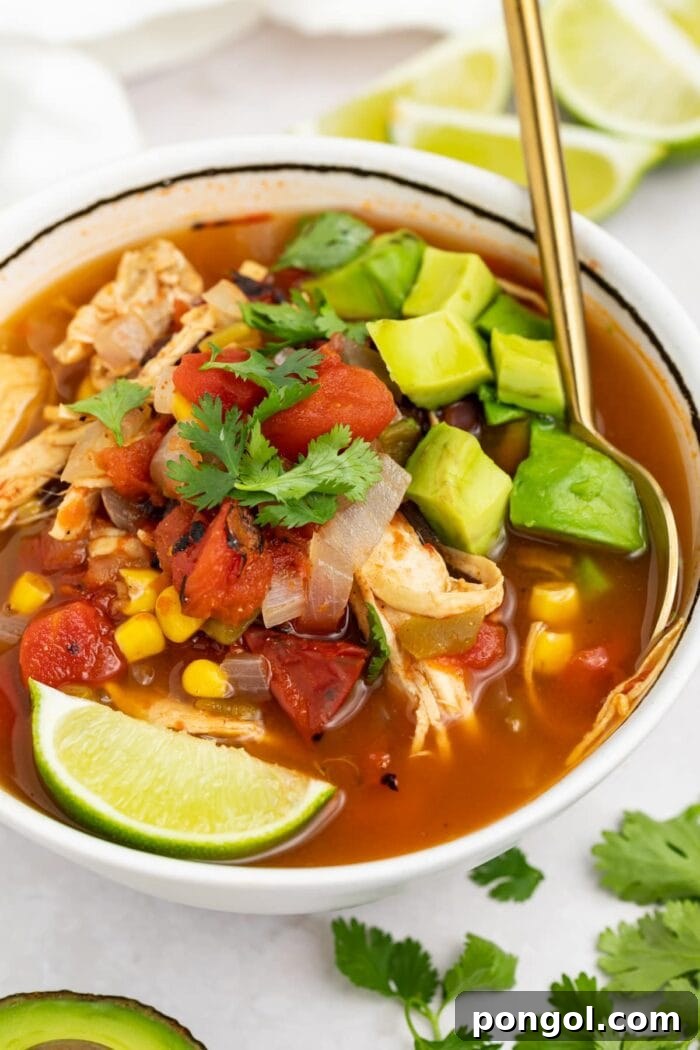 mexican soup in a bowl with a spoon and lime wedges, cilantro, and half an avocado on the side