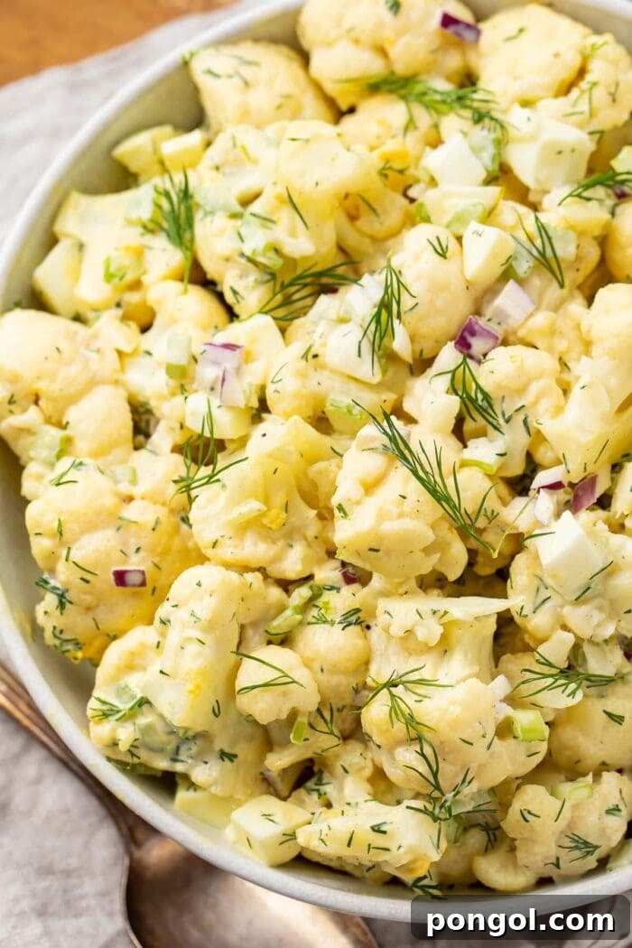 Overhead, close-up view of cauliflower potato salad