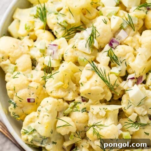 Overhead, close-up view of cauliflower potato salad