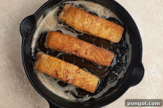 Salmon meuniere in cast iron skillet