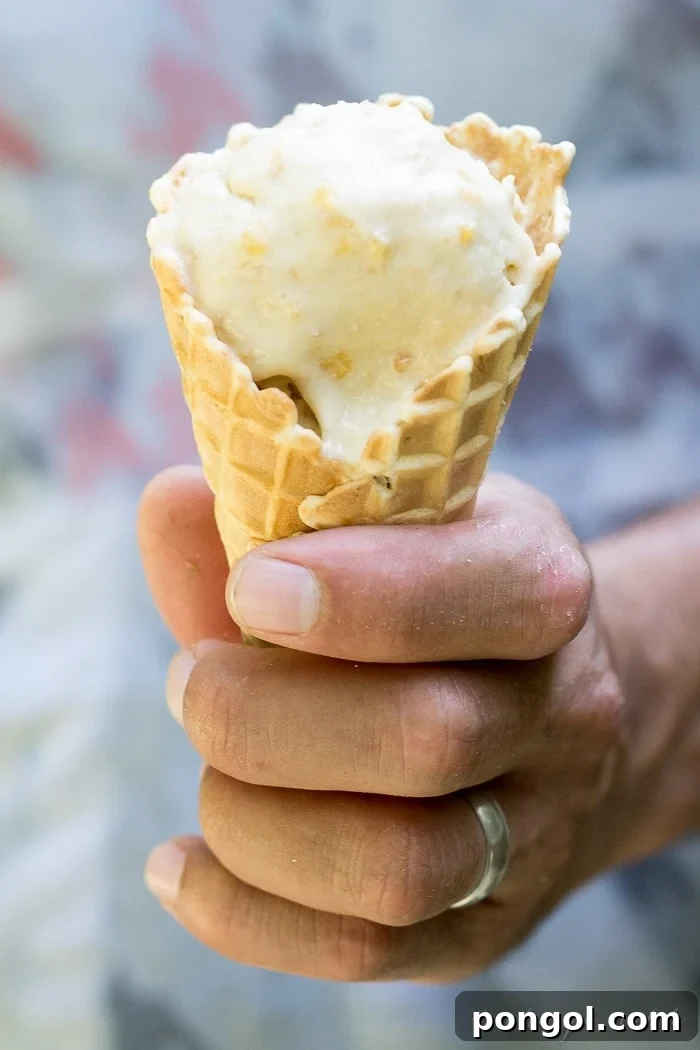 A melting vegan peach ice cream cone being held, signifying a perfect summer indulgence and quick consumption.